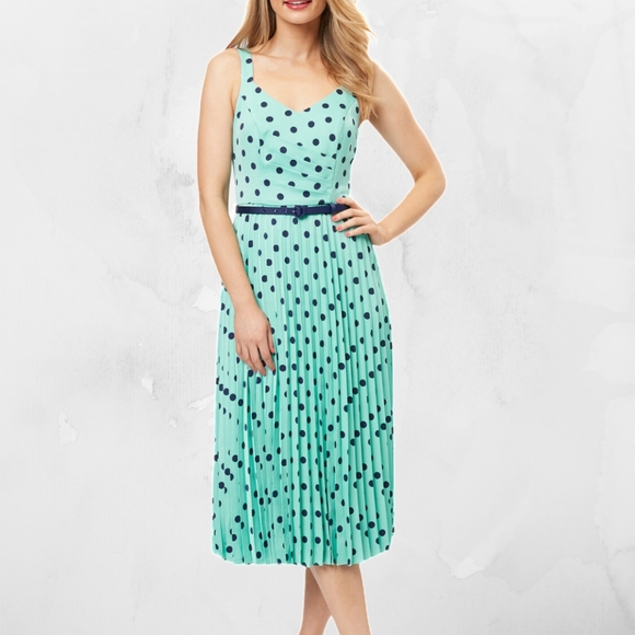 Review Dresses & Skirts - Review Deepwater Blue Pleated Polka Dot Midi Dress with Belt Size 16